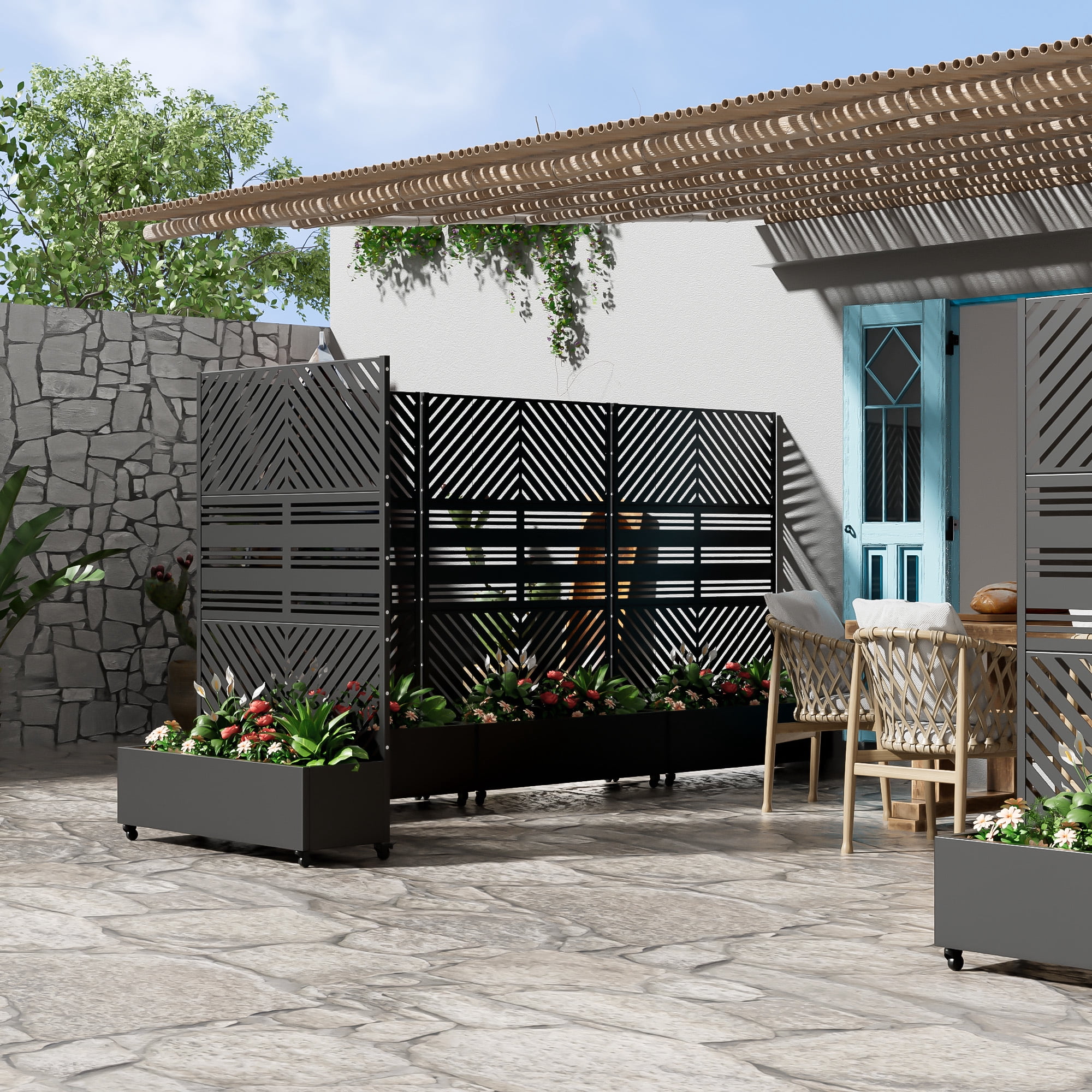 MAYEERTY 47*16*72" Outdoor Black Metal Planter Box with Trellis for Climbing Plants, Parallel Pattern Panel