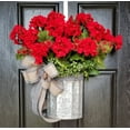 thumbnail image 2 of Ikeay Red Geranium Bucket Wreath for Front Door, Summer Spring Farmhouse Cottage Home Decor, Colorful Faux Flower Hanging Display Red, 2 of 6