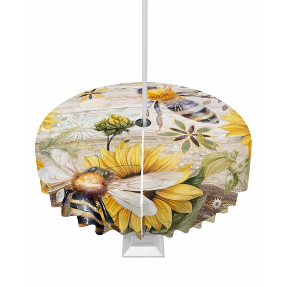 Fsddascl Sunflower Outdoor Tablecloth - 60 Inch Round Dining Table Cover, Vintage Summer Bee Botanical Farmhouse Waterproof Outdoor Table Cloth with Umbrella Hole & Zipper for Picnic/Patio/Party