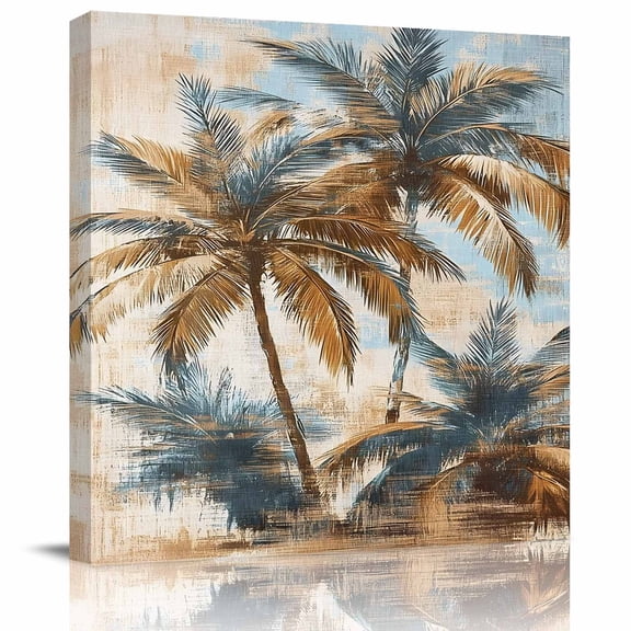 Wall Art Prints, Navy Blue Brown Palm Tree Framed Canvas Prints for Bedroom Living Room Bathroom Office, Tropical Leaves Vintage Gallery Wrap Wall Art Poster for Gifts Home Decor 24"x24"