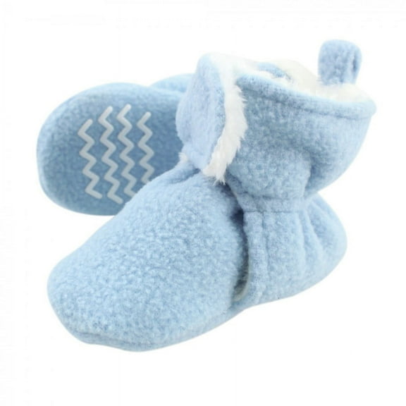 Hudson Baby Infant and Toddler Boy Cozy Fleece and Faux Shearling Booties, Light Blue, 0-6 Months
