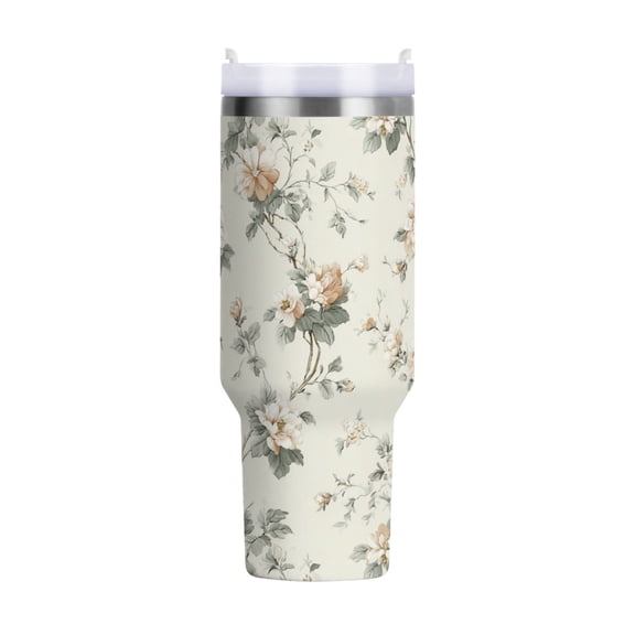 40 oz Tumbler With Handle Stainless Steel Insulated Tumbler With Lid for Car Cup Holder Vintage Pastel Colors Floral