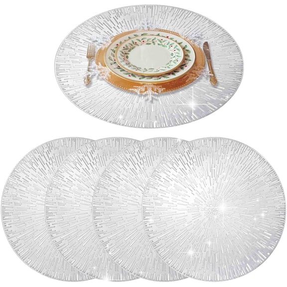 GIVERARE Placemats Set of 4, Round Heat-Resistant Vinyl Placemat, 15in Non-Slip Washable PVC Table Mat, Easy to Clean Premium Plastic Mats for Dining Table, Kitchen Table (Silver)