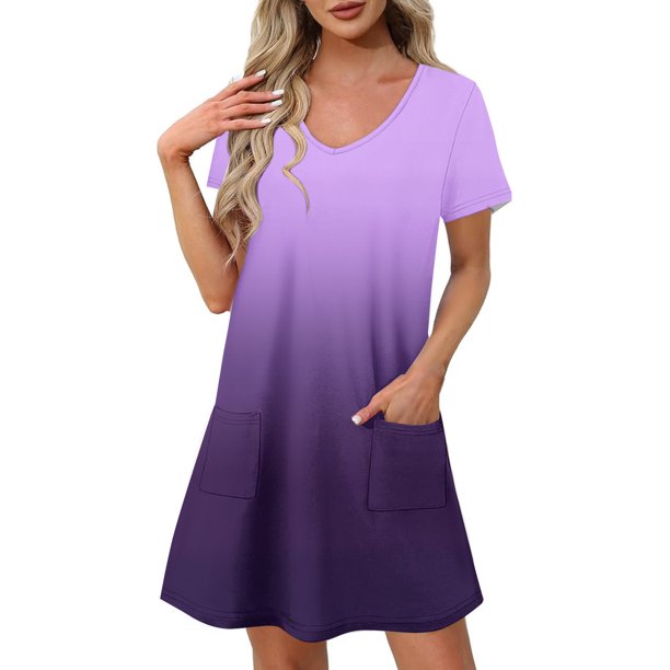 Vestido Corto de Verano Moda Gradiente Corto de Manga en V Cuello Vestido Casual, Poliéster Ligero de Verano, Lavado de Manos