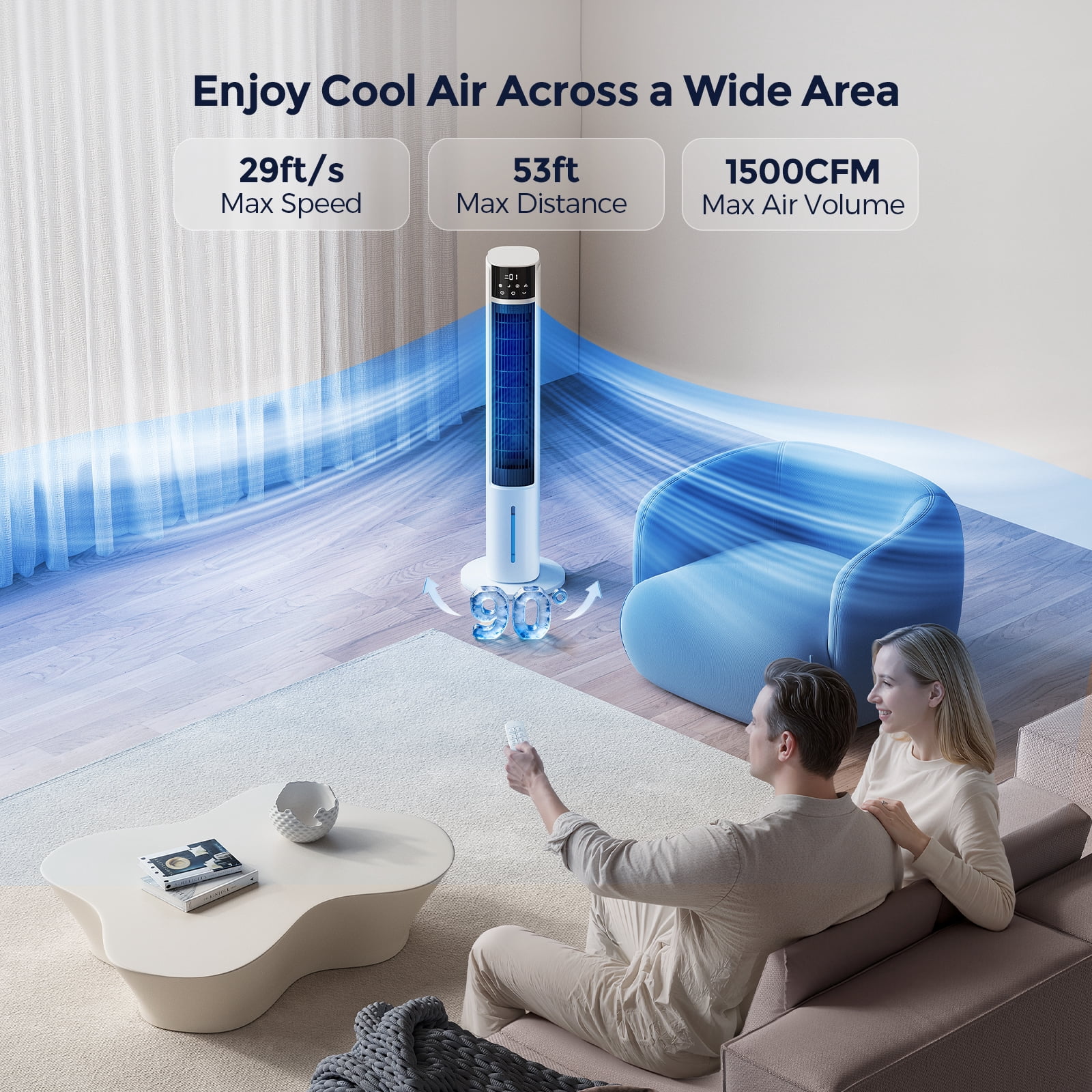 Evaporative Air Cooler Tower Fan for Home Bedroom, 40" Floor Standing Cooling Fans,90° Oscillating,4 Modes & 4 Speeds,12H Timer,2 Ice Crystal Boxes