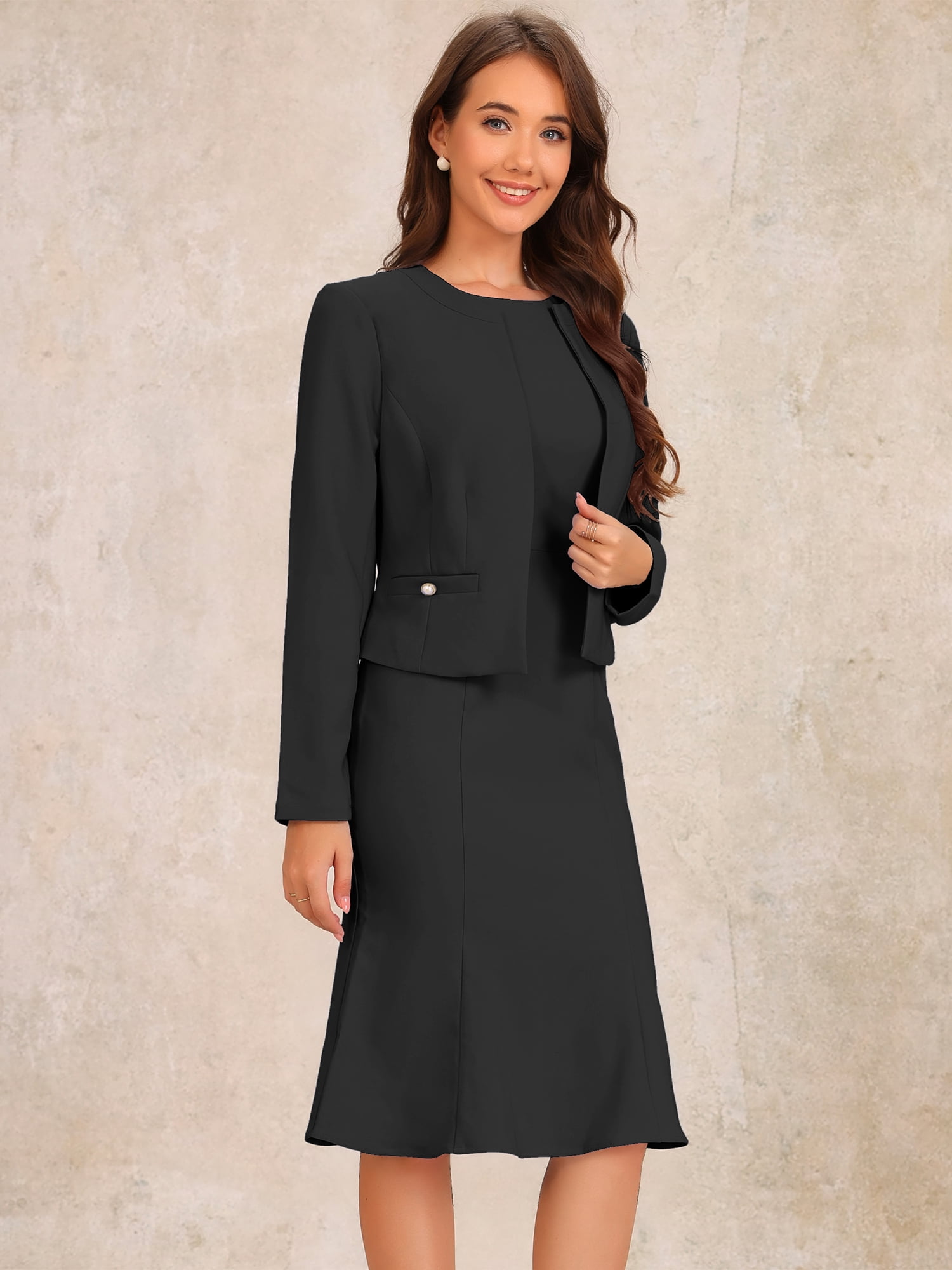 DARING DIVA Women's 2Pcs Suit Sleeveless Dress Crop Blazer Set M Black