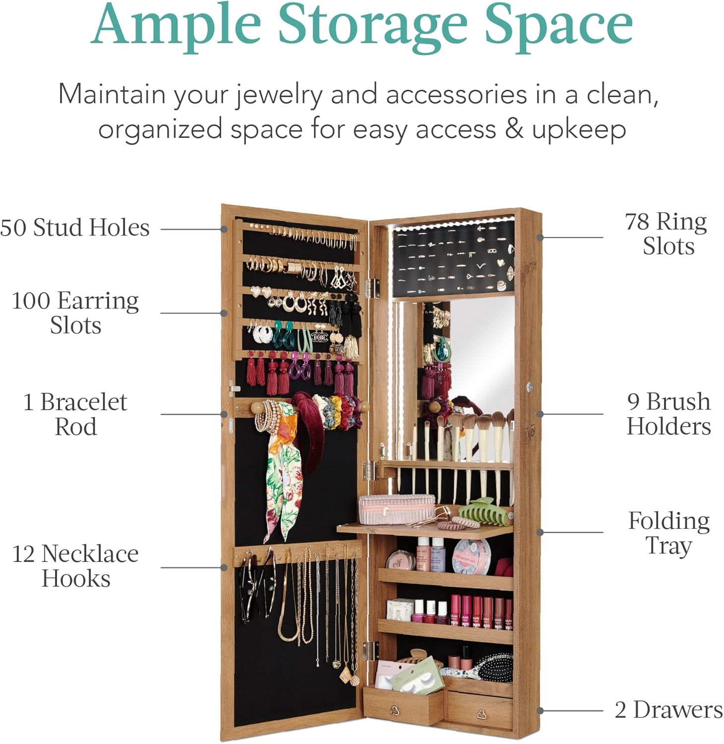 WBTER LED Mirror Jewelry Cabinet, Tall Lockable Wall or Door Mounted Jewelry Armoire Organizer with Mirror, 2 Drawers, Lock, Cosmetic Tray, Shelves - Rustic Brown