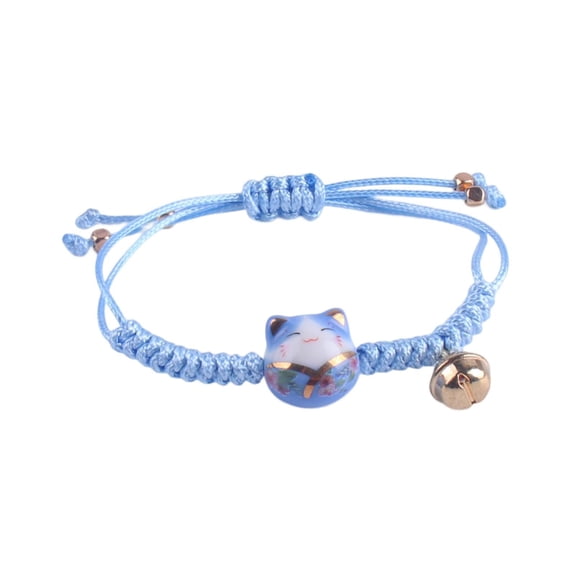 Mightlink Wrist Bracelet Ceramic Cat Decor Small Bell Hand Made Adjustable Ornamental Decorate Temperament Braided Rope Charms String Bracelet for Daily Life