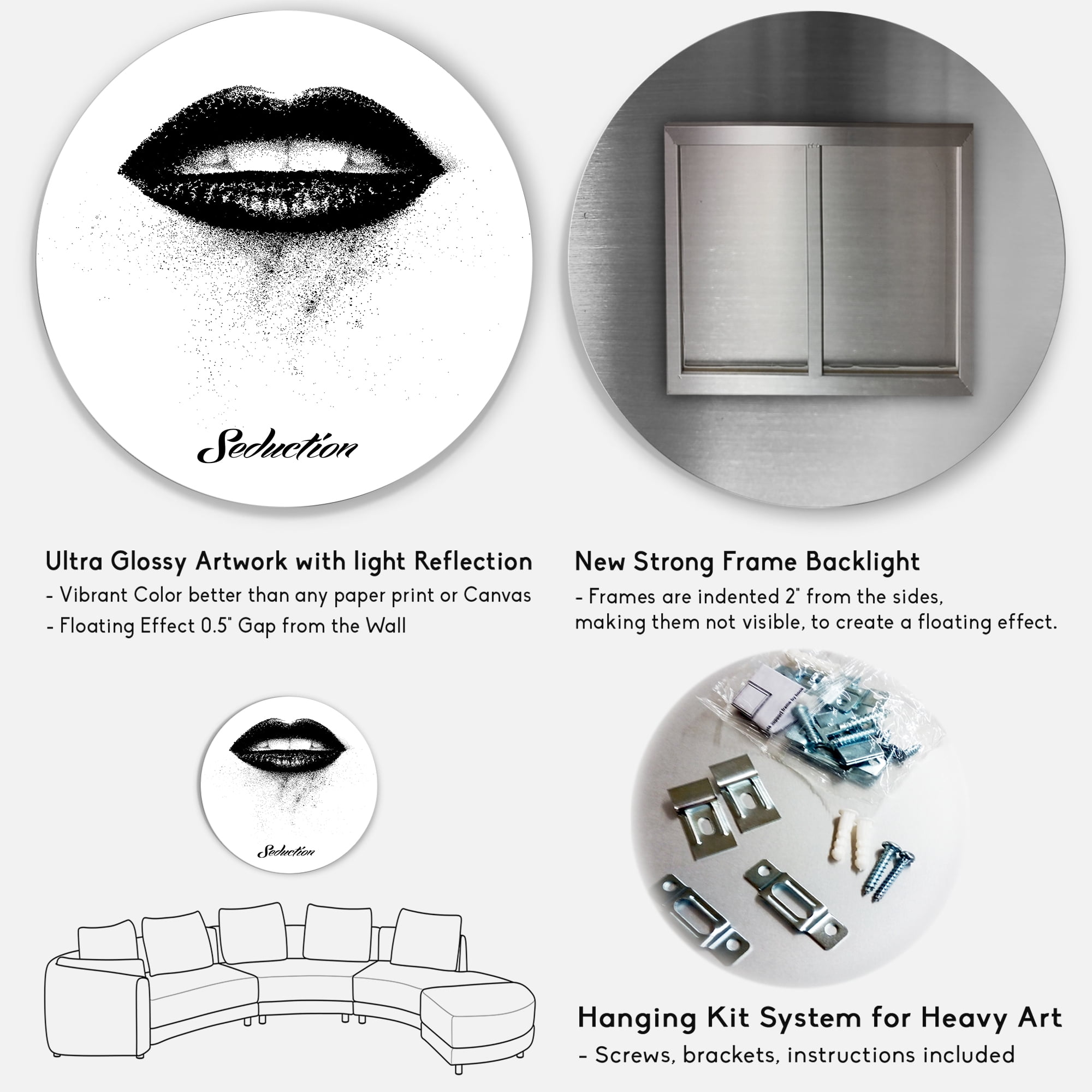 Designart 'Monochrome Black Female Lips' Modern Circle Metal Wall Art 11x11 - Disc of 11