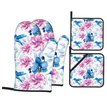 

Oven Mitts and Pot Holders Sets 4 pcs - Hummingbird Flowers Heat Resistant Silicone Oven Gloves with Non-Slip Silicone Surface and hot pads for kitchen Baking Cooking BBQ