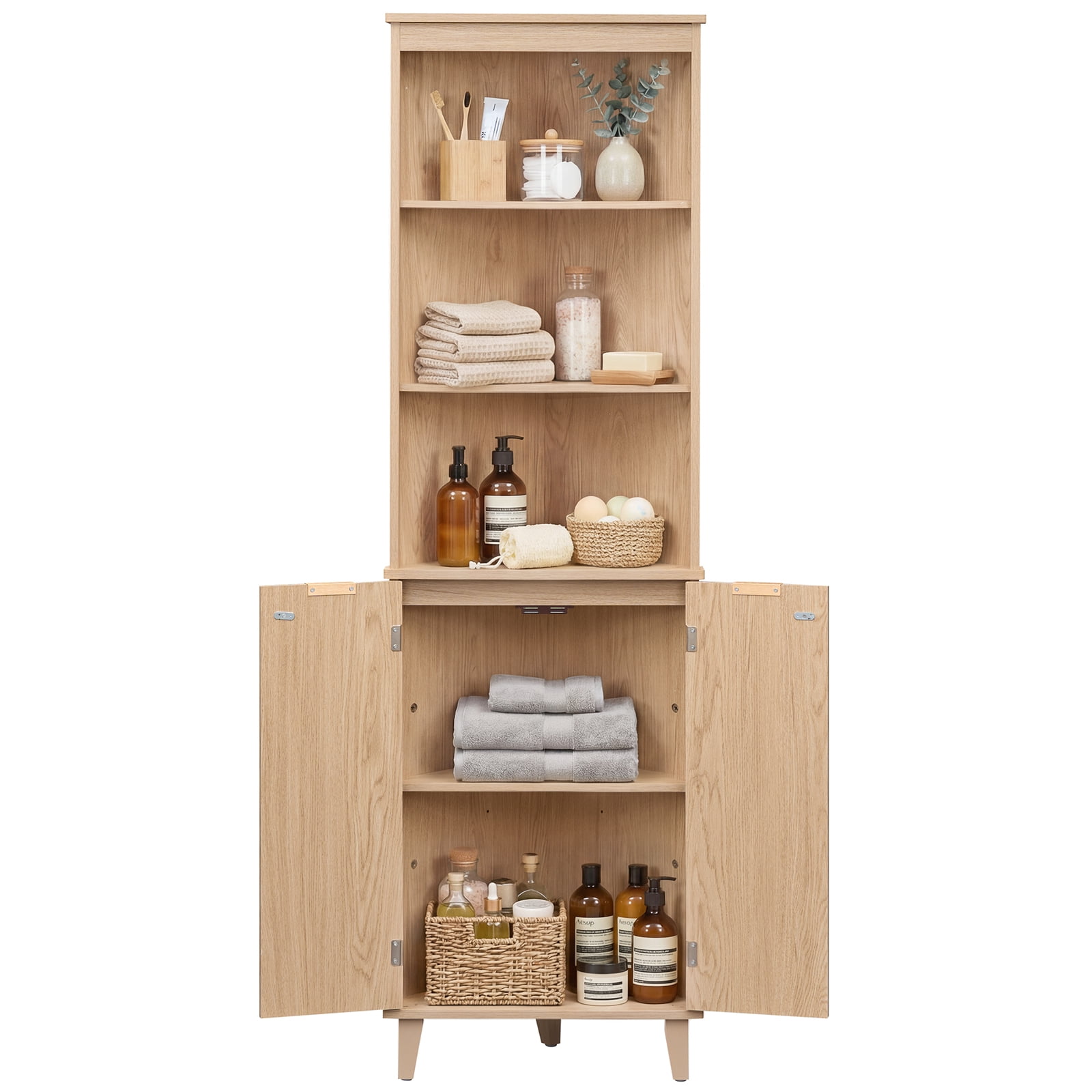 Costway 68" Tall Corner Bathroom Cabinet with Fluted Doors, 6-Tier Space Saver Bathroom Storage Cabinet Oak