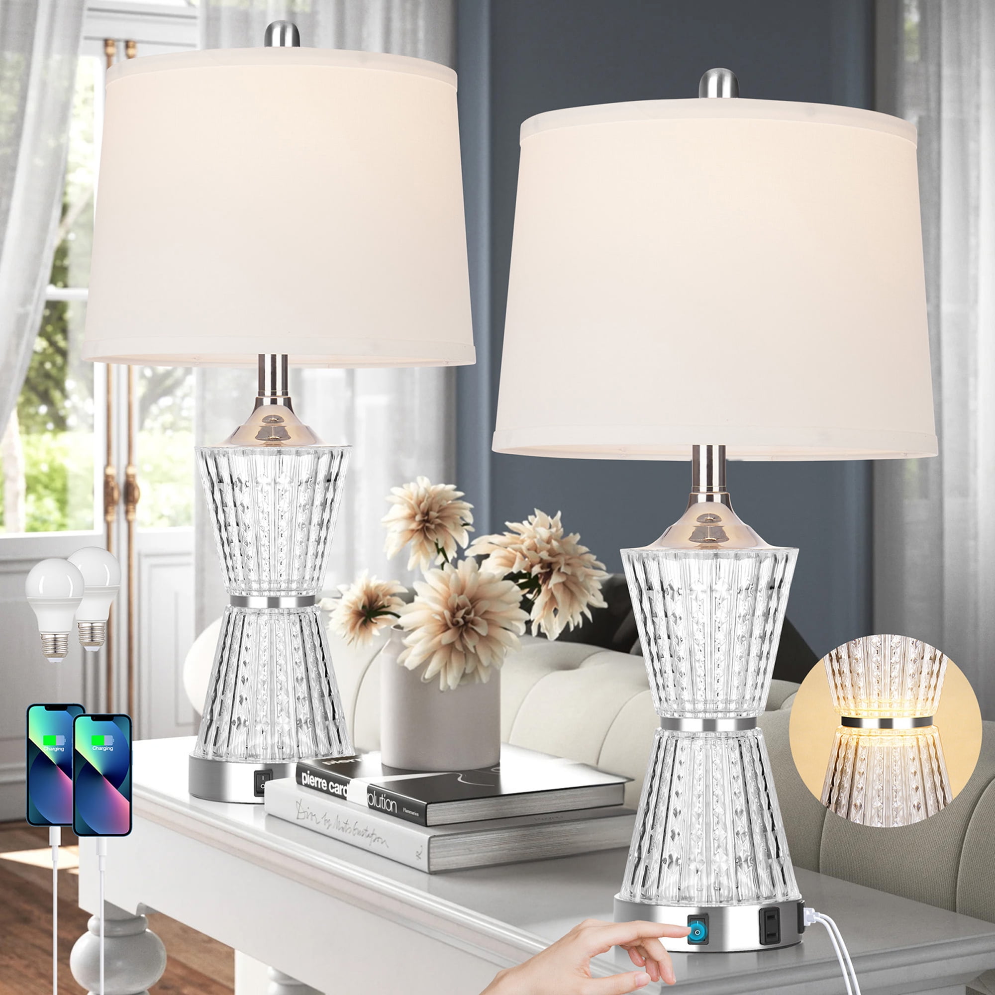 Cinkeda Acrylic Table Lamps Set of 2 with Night Light USB Ports AC Outlet Modern Nightstand Lamp for Living Room Bedroom(2 Bulbs)