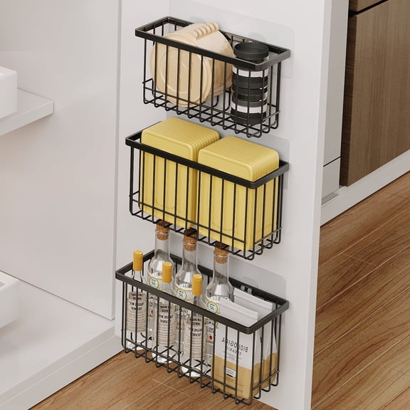 Sofinny 3 Pack Adhesive Cabinet Door Organizer, Food Container Lid Organizer and Storage Basket for Kitchen & Bathroom Wall Mounted, No Drill (Black)