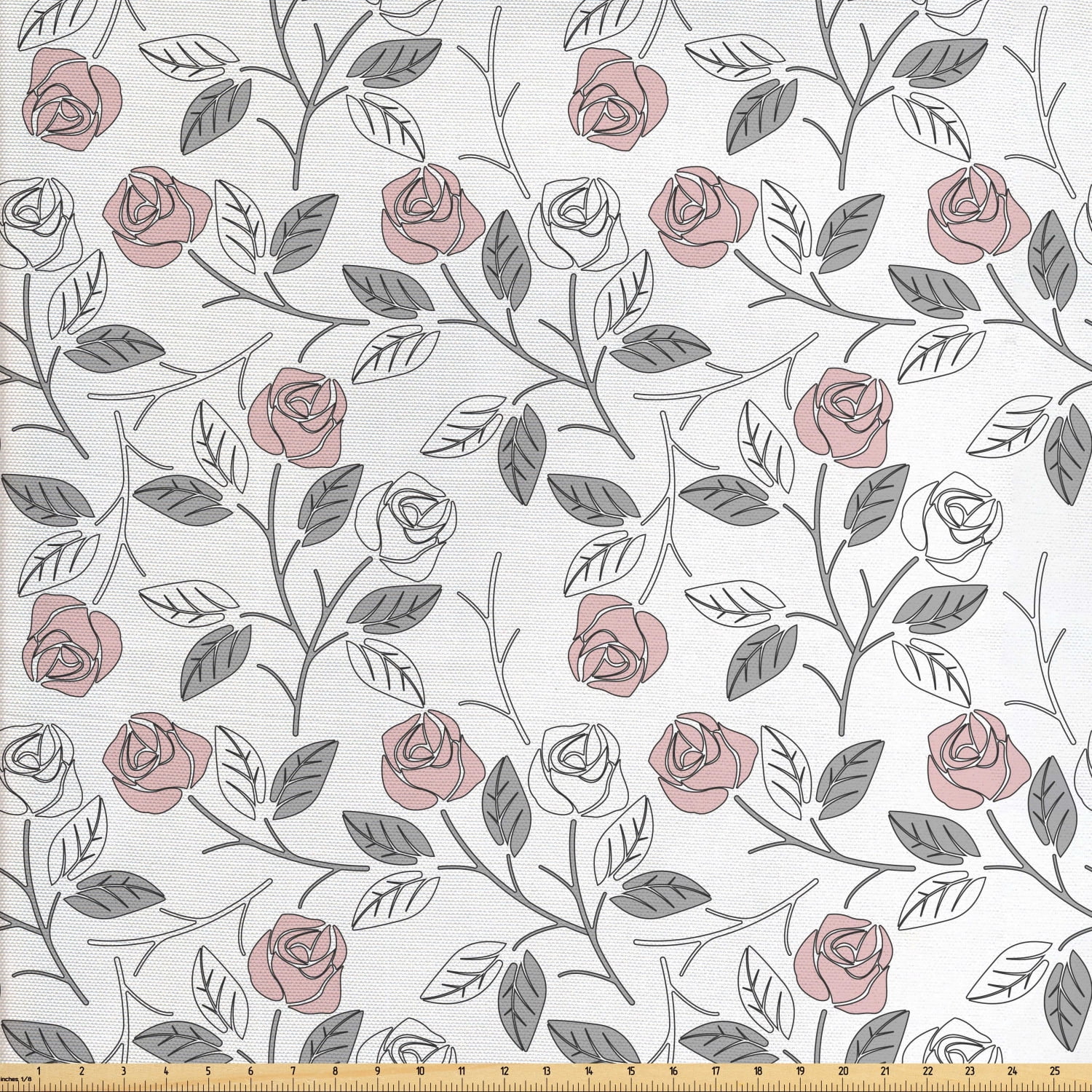 Floral Fabric by The Yard, Roses Flowers Repetitive Soft Grey Leaves