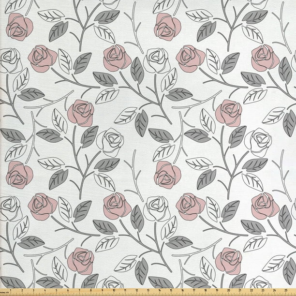 Floral Fabric by The Yard, Roses Flowers Repetitive Soft Grey Leaves
