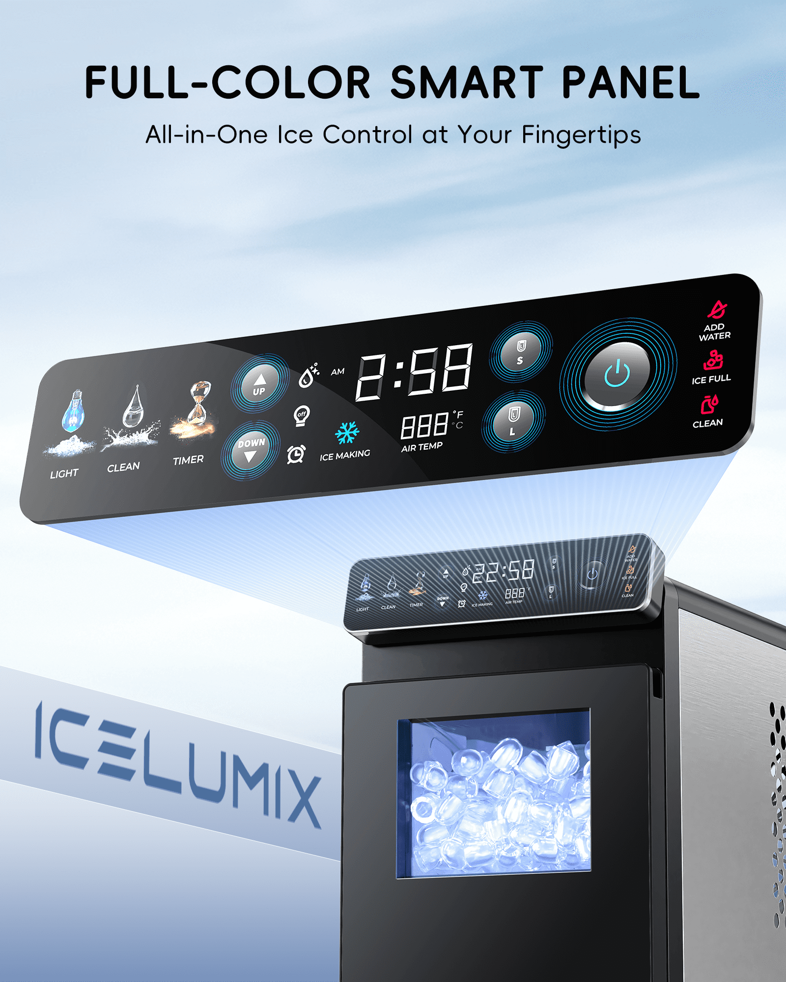 Ecozy Chillio Countertop Ice Maker, Smart Ice Machine with Full-Color Display Panel and Built-in Lighting, Produces 26lbs/24H, Dual-Layer Insulation, Two Ice Size, Portable Design