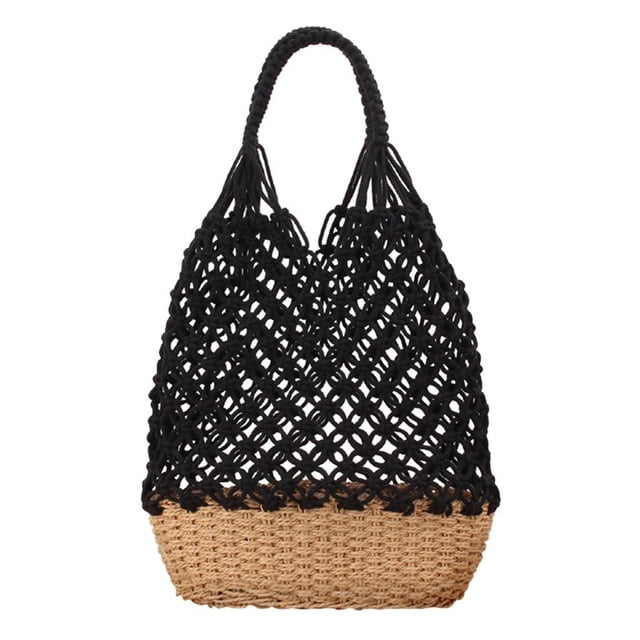 Bolso bohemio de la paja del bolso del cubo del totalizador de la playa del verano para las compras del viaje Negro Macarena bolsos de hombro de paja para mujer