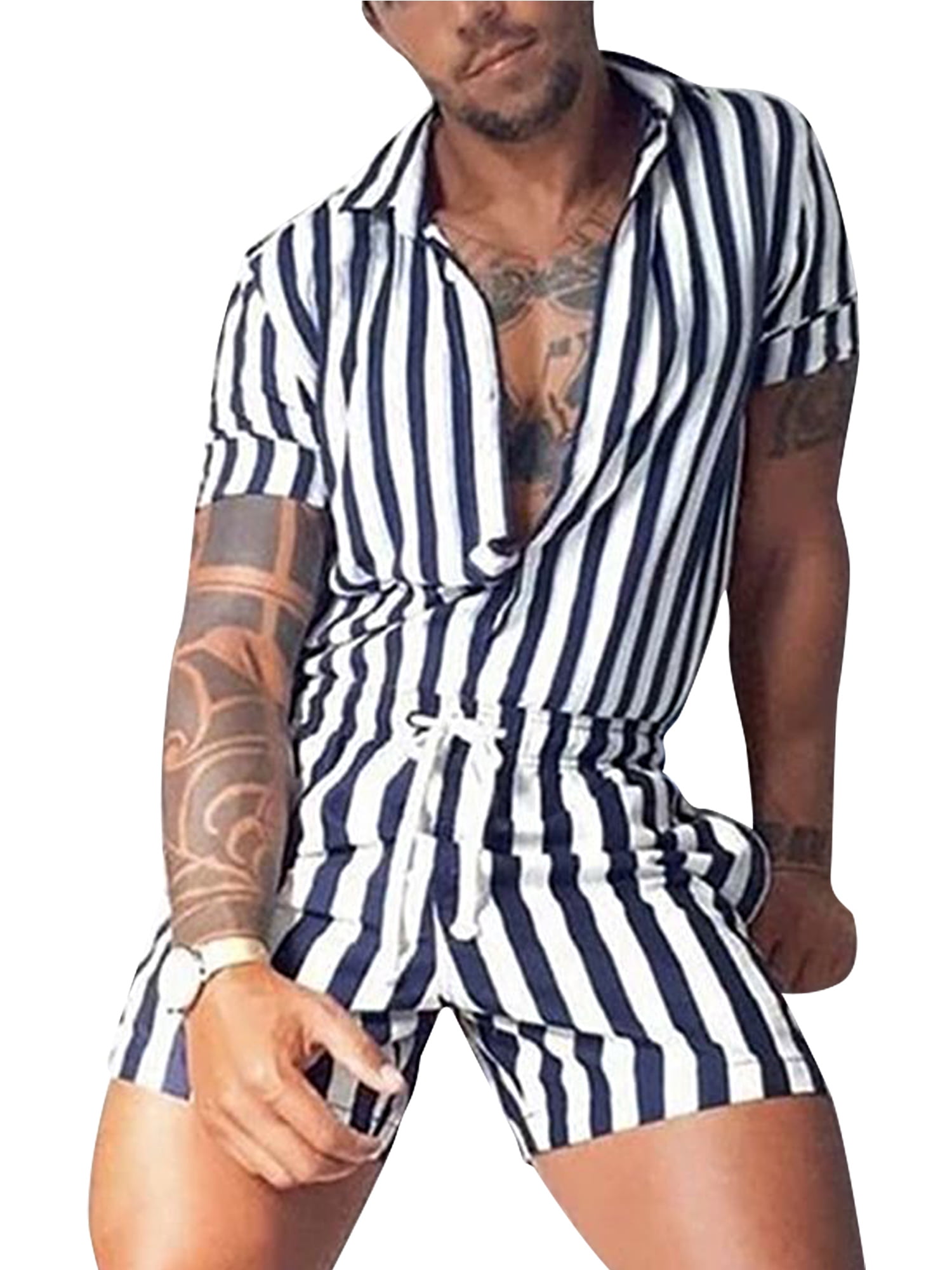 wybzd Men's Romper Short Sleeve Jumpsuit Zipper Playsuit One-Piece Casual Pants with Pockets Blue M