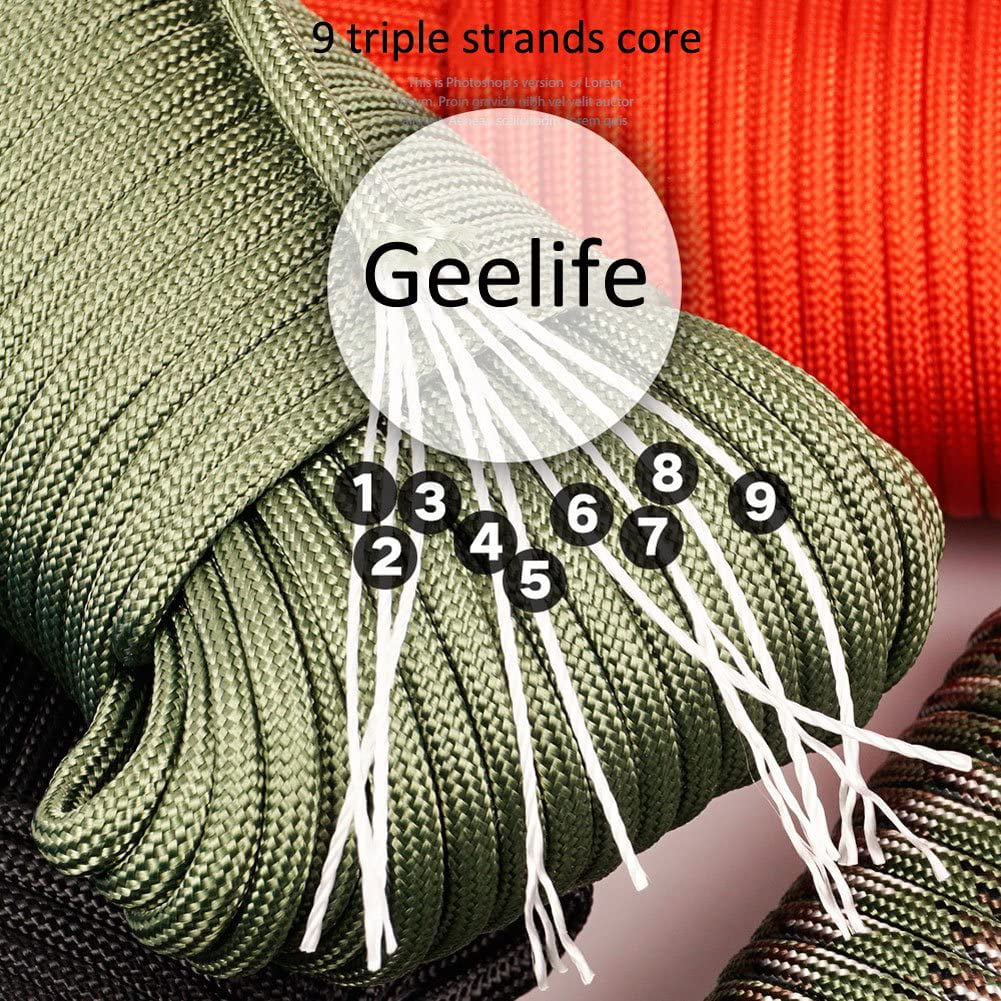 Red, 150 ft Geelife 640lb Parachute Cord Survival Utility 9 Strands Core 4mm Commercial Grade Paracord