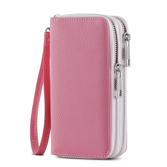 HAWEE Cellphone Wallet Dual Zipper Wristlet Purse with Card Slot/ Coin Pouch Compatible with iPhone/Samsung for Women or Lady, Pink-Lichi