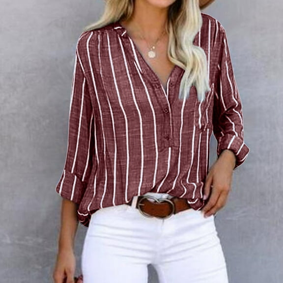 Sakmal Long Sleeve Womens Tops Striped V-Neck Blouses Womens Shirts for Summer