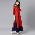 thumbnail image 5 of Janasya Indian V-Neck 3/4 Sleeve Printed Red Poly Crepe Kurta For Women, 5 of 7