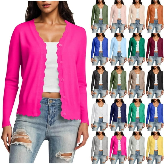 Gmluru Cardigan Sweaters For Women Plus Size Long Sleeve V-Neck Short Solid Color Knitted Button Hoodless Casual Outwear Hot Pink Oversized Open Front Knitted Sweater 2XL