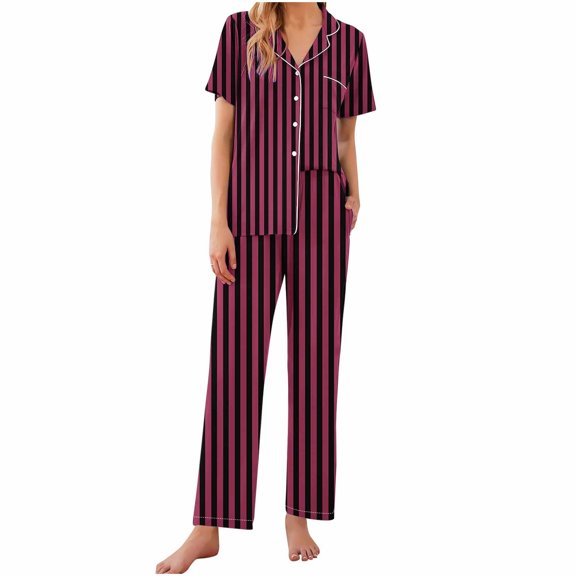 HUJlwoi Pajamas for Women Sets Stripe Classic Lady Short Sleeve Loungewear Button down Pocket Losse Fit 2 Pieces Summer Sleepwear