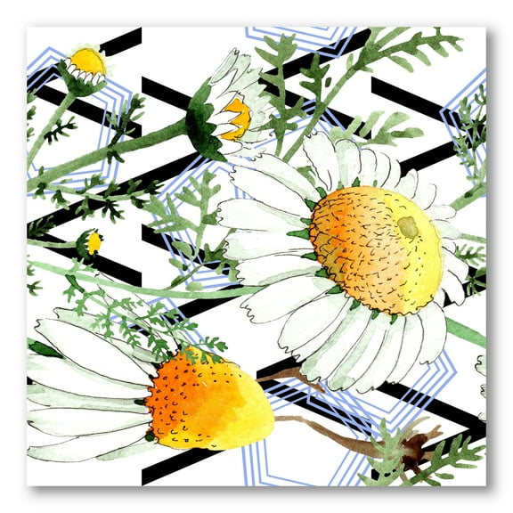Designart ' Wild Spring Chamomile Flowers On Geometric Lines ' Traditional Canvas Wall Art Print