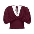 thumbnail image 7 of Babysbule Women's V-Neck Batwing Sleeve Ruched Crop Top, Solid Color Fitted Blouse for Party and Night Out, 7 of 7