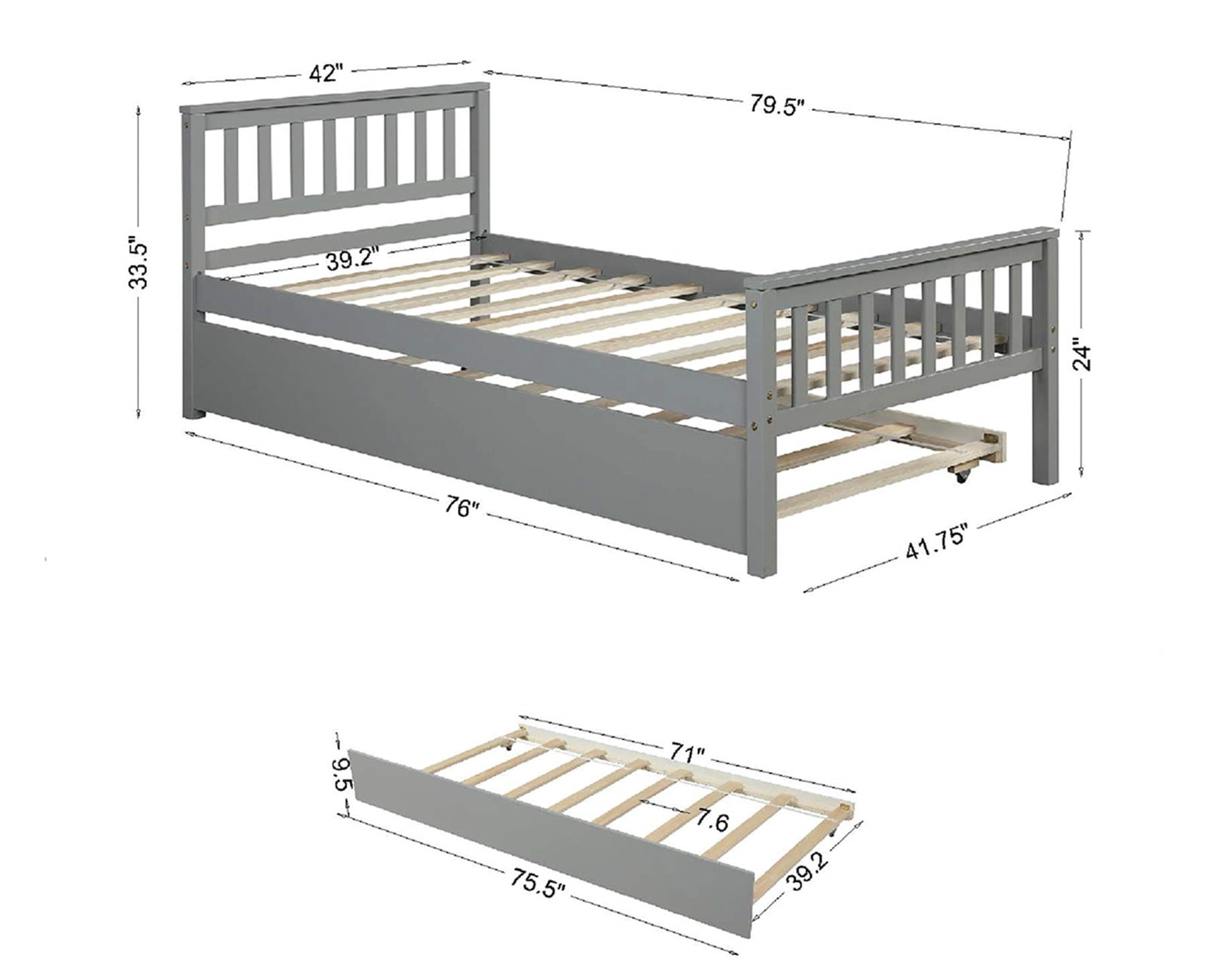 Wooden Twin Bed Frame with Trundle, Headboard and Footboard,  No Box Spring Needed, Grey