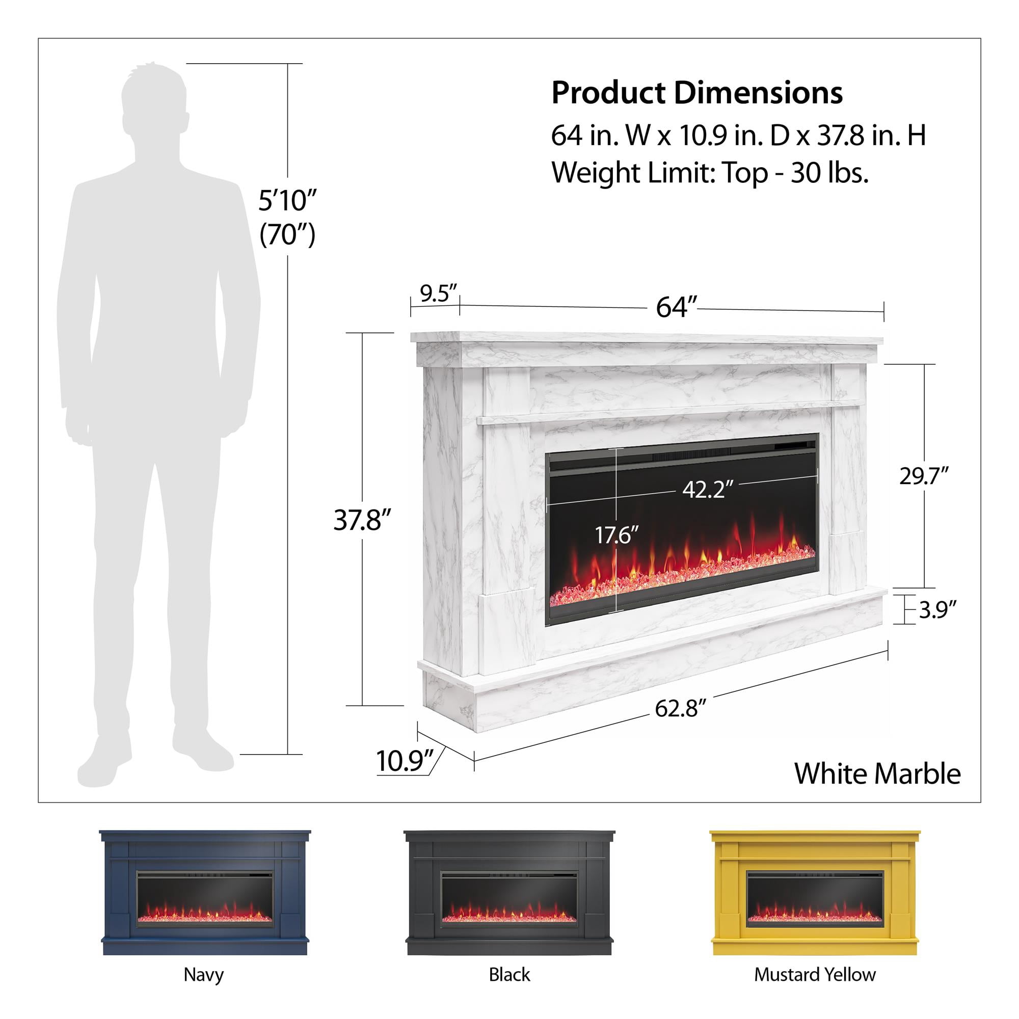 Waverly Wide Mantel with Linear Electric Fireplace & Crystal Ember Bed, Mustard Yellow