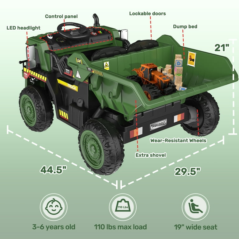 TOKTOO 12V Kids Ride on Dump Truck Battery Powered with Remote Music Player Electric Bucket Dark Green Walmart