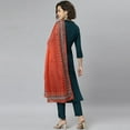 thumbnail image 6 of Janasya Indian Mandarin Collar 3/4 Sleeve Solid Teal Rayon Kurta With Pant and Dupatta For Women, 6 of 9