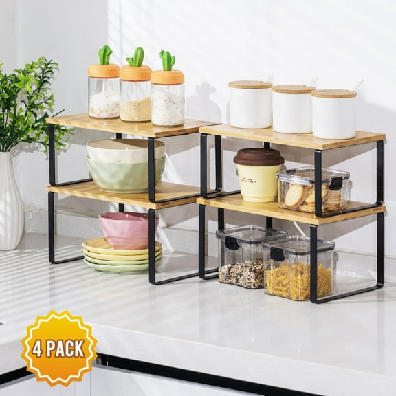 VUSIGN Cabinet Organizer Shelf, 4 Sets Kitchen Counter Shelves, Stackable Expandable Spice Rack,Cloud White and Natural Beige