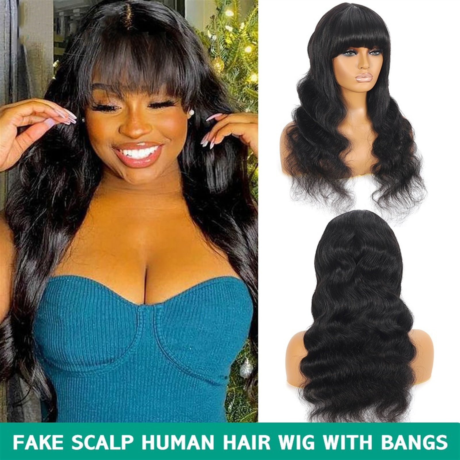 Fake Scalp Wigs with Bangs, Body Wave Brazilian Human Hair Wigs with Bangs 8-24 Inch Natural Top Scalp Human Fringe Wigs for Women