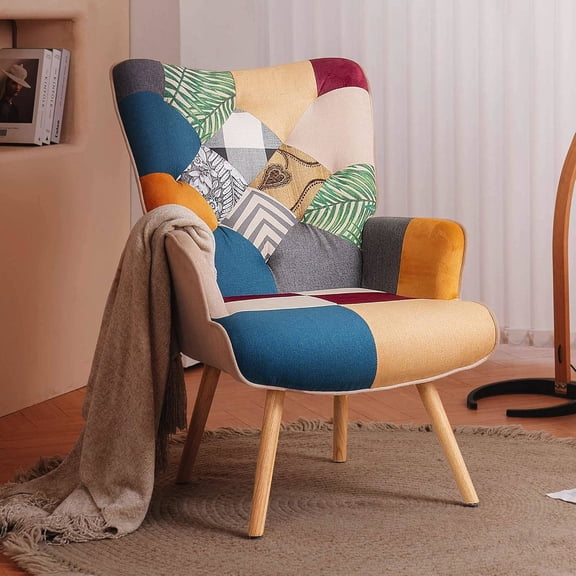 Modern High Back Armchair, Patchwork Fabric Reading Chair with Solid Wood Legs for Living Room or Bedroom