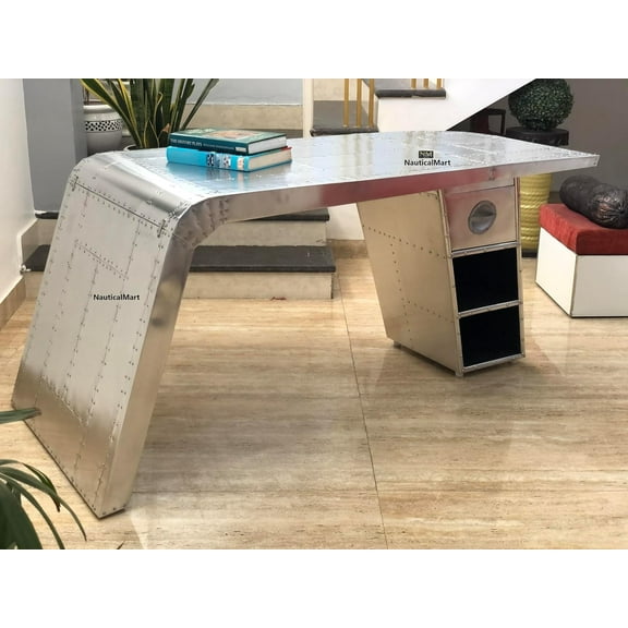 NauticalMart Aviator Wing Desk Vintage Aluminium Computer Table Home & Office Aviator Airplane Furniture (68 Inches, One Drawer)