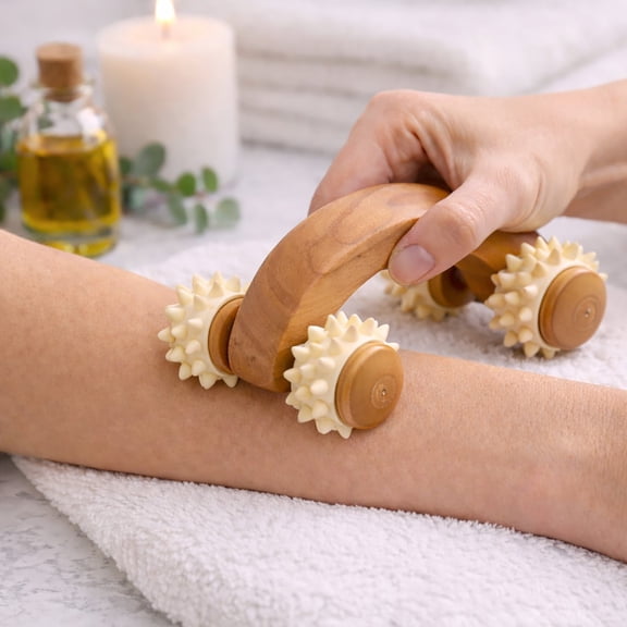 Natural Wooden Handheld Massage Roller - Four Spiked Rollers