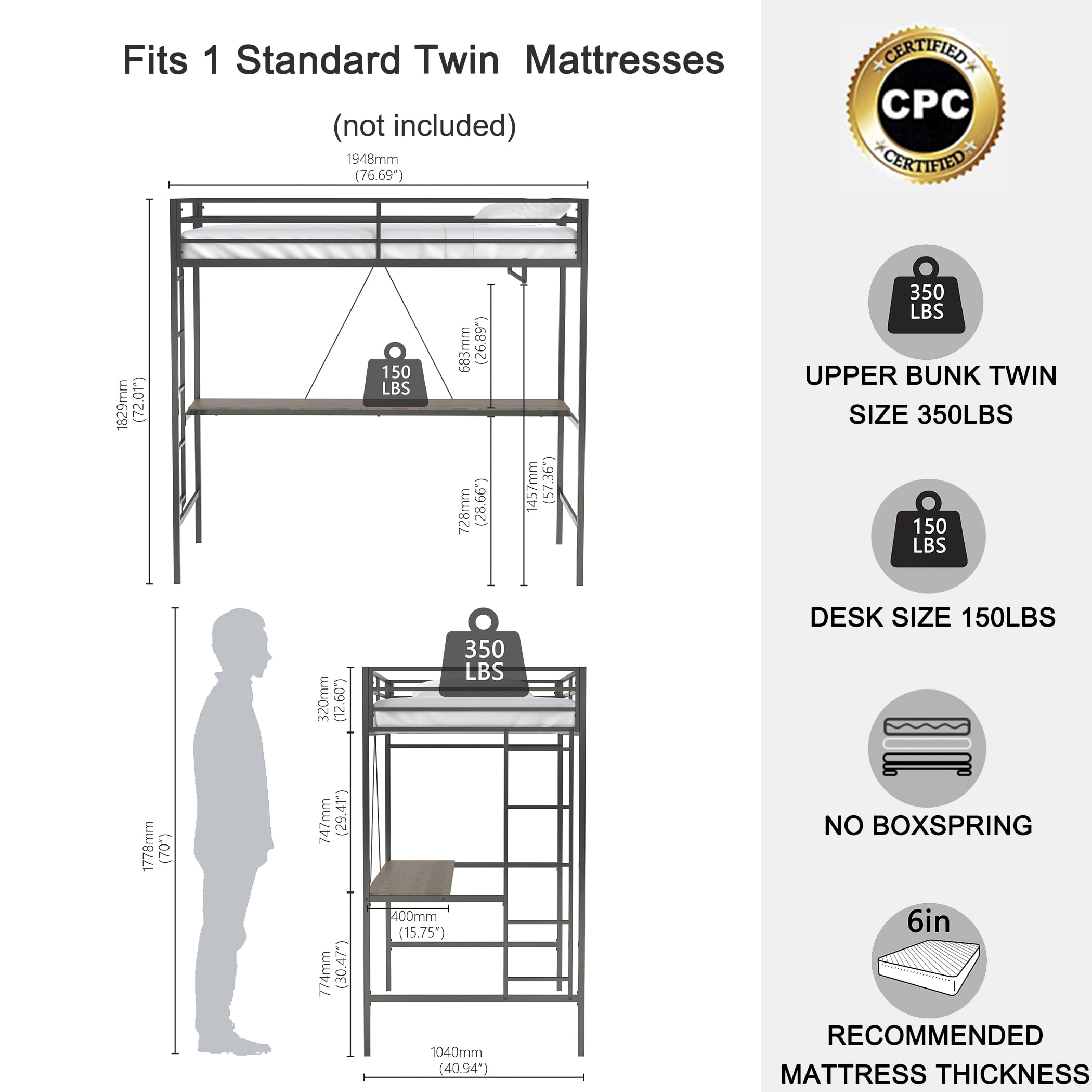 Miniyam Modern Metal Twin Size Loft Bed with Shelf for Kids and Teens, Black