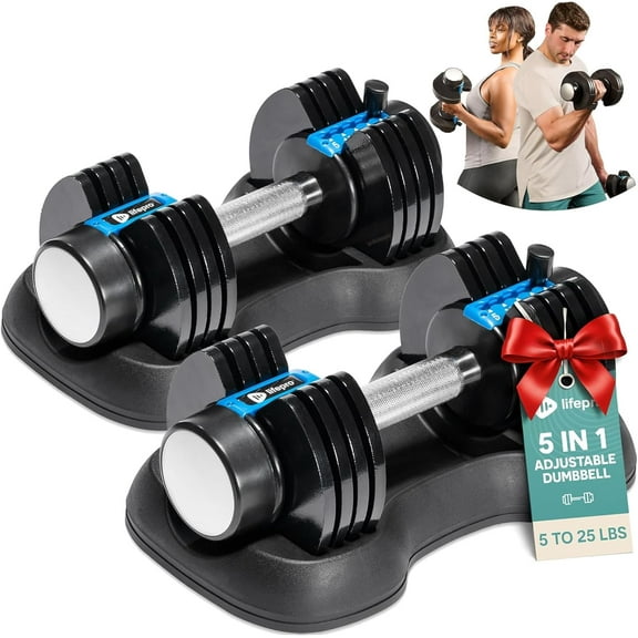 LifePro PowerFlow Plus Adjustable Dumbbell Set - 5in1, 25 lb Each, Home Workout Equipment, 2 Pack with Rack
