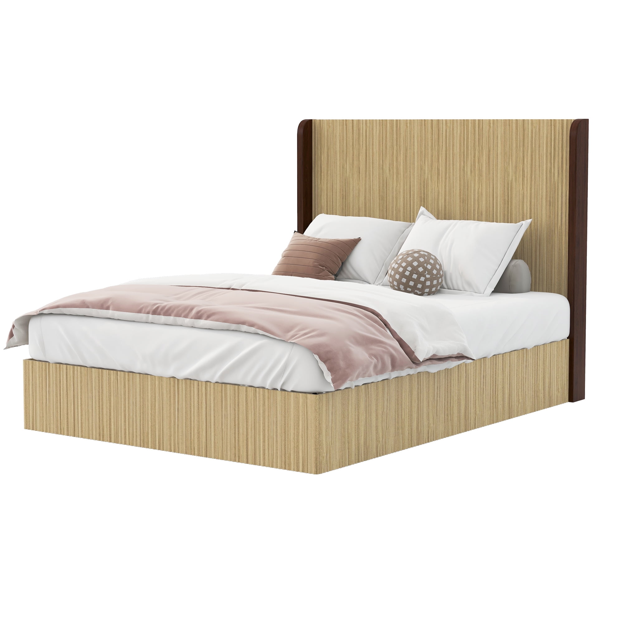 Mintazer Queen Size Vertical Fluted Platform Bed with Tall Wing Headboard, Low Profile Platform for Bedroom & Guest Room, No Box Spring Needed, Natural