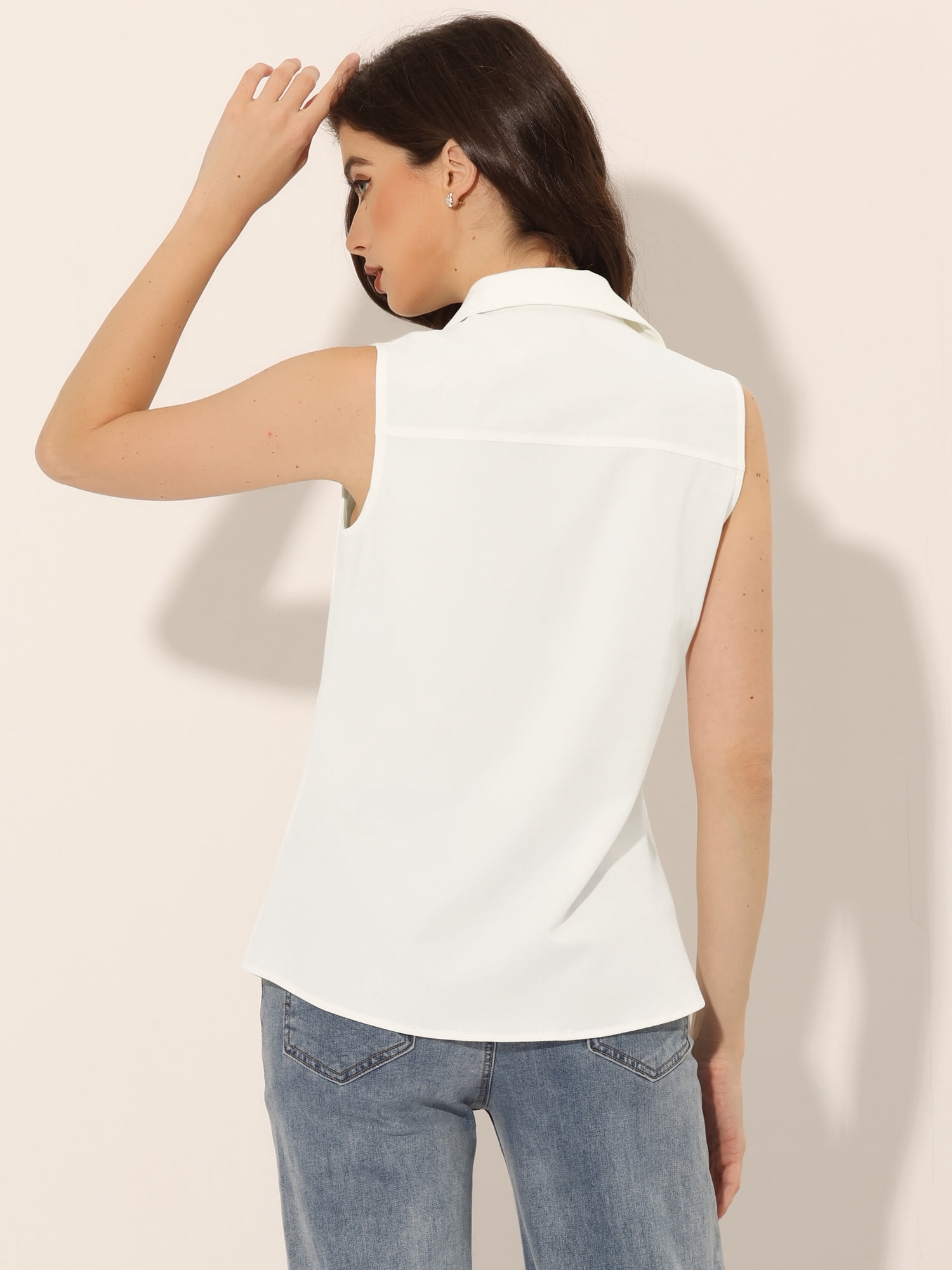 DARING DIVA Sleeveless Lapel Chambray Tunic Denim Shirt S White