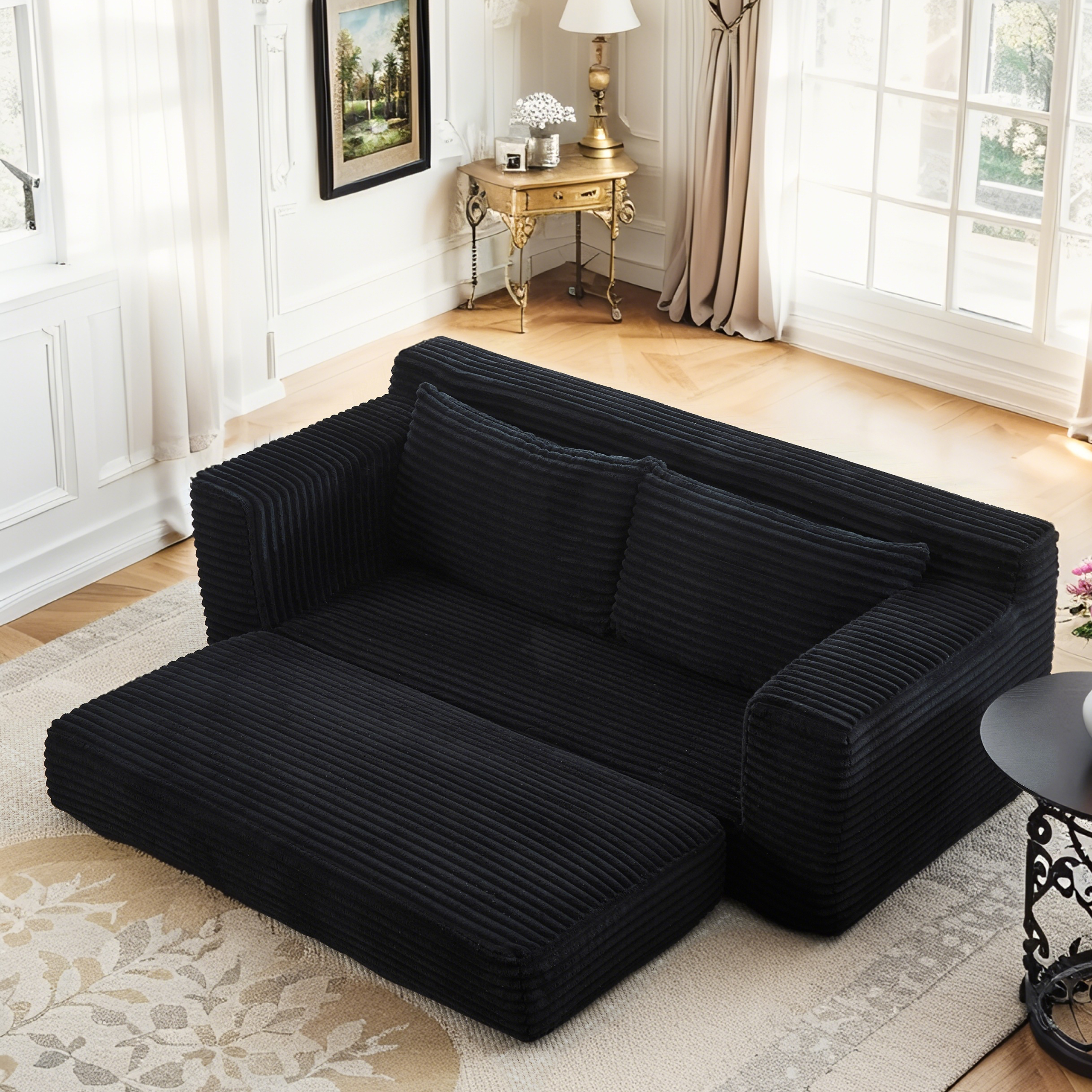 Miniyam Convertible Loveseat Sofa Bed with Memory Foam, Small Couch for Apartment, No Assembly, Corduroy, Black