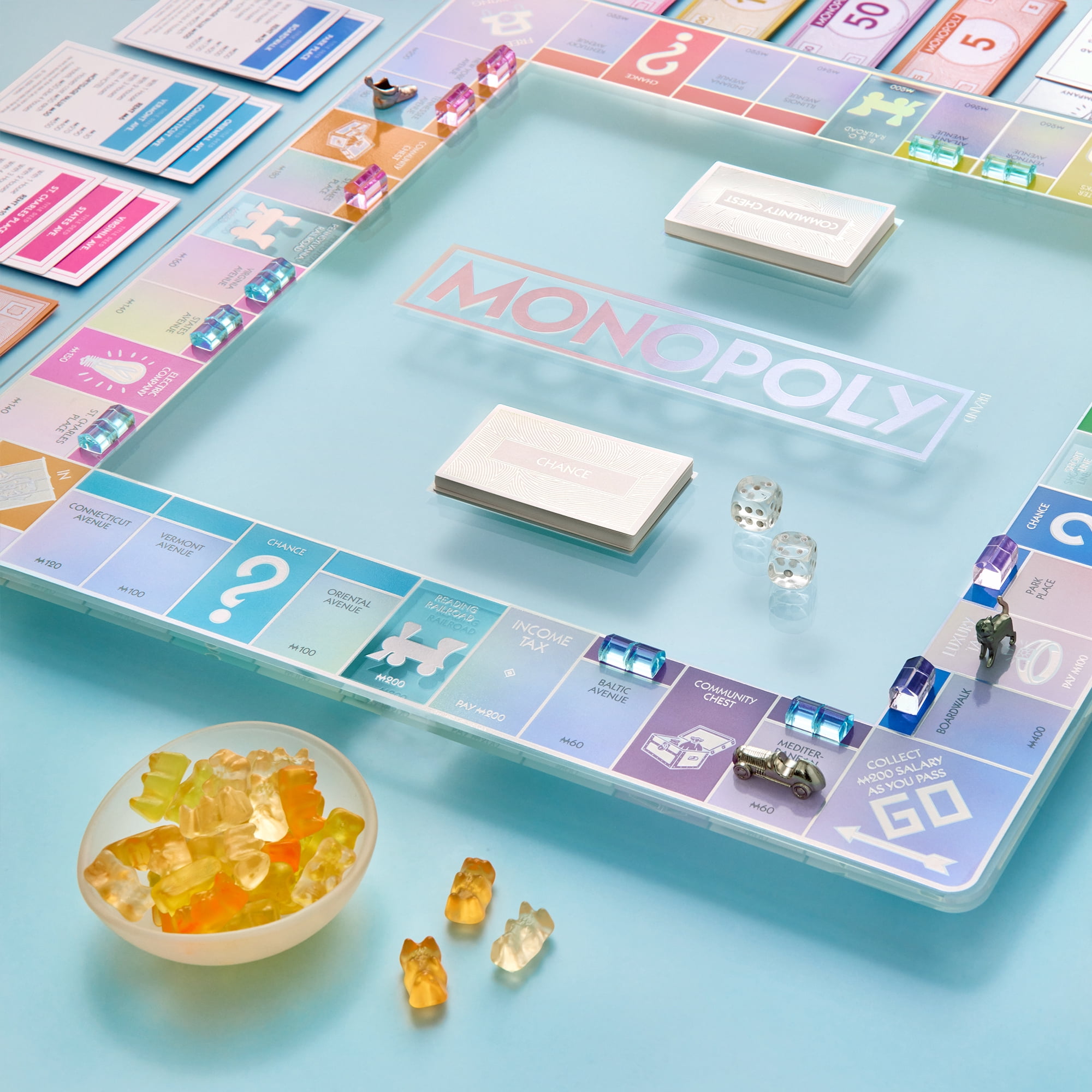 WS Game Company Monopoly Aura Edition – Premium Iridescent Tempered Glass Game Board, Crystal-Clear Houses & Hotels, Metallic Tokens, Luxe Storage Tray – Family Classic for 2–6 Players, Ages 8+