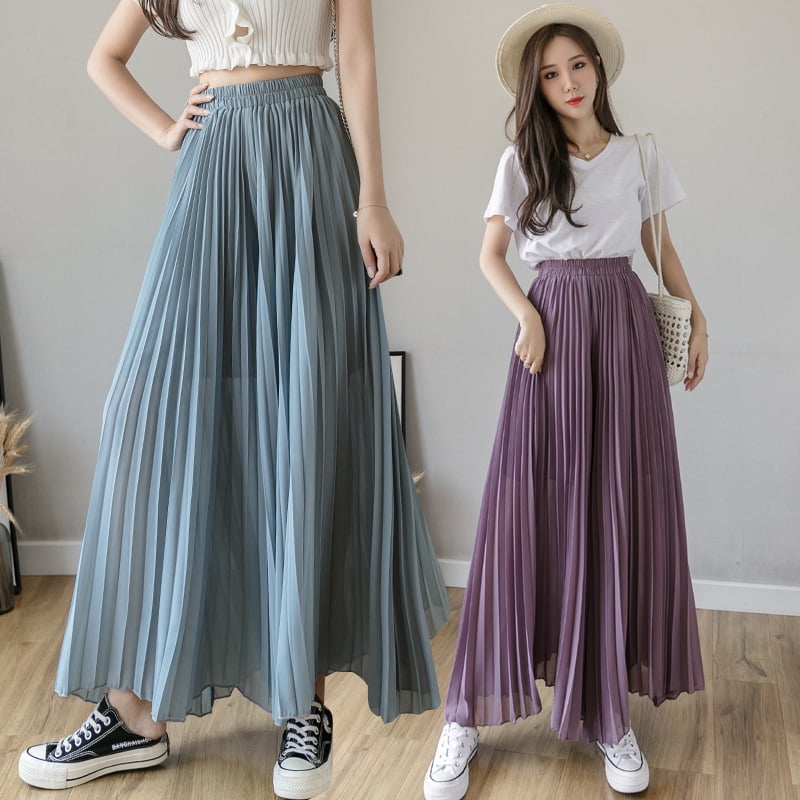CAROOTU Stylish Pleated Skirt Pants Waist Elastic Pleated Comfy Chiffon Wide Leg Capri Pants For Women Girls New Walmart