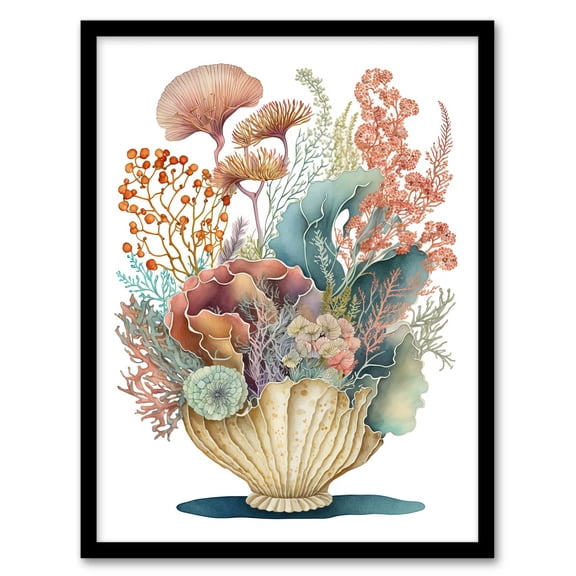 Coral and Wildflower Bouquet in Giant Glam Pot Bright Watercolour Painting Pink Teal Blue Aquatic Bathroom Artwork Decor Art Print Framed Poster Wall Decor 12x16 inch