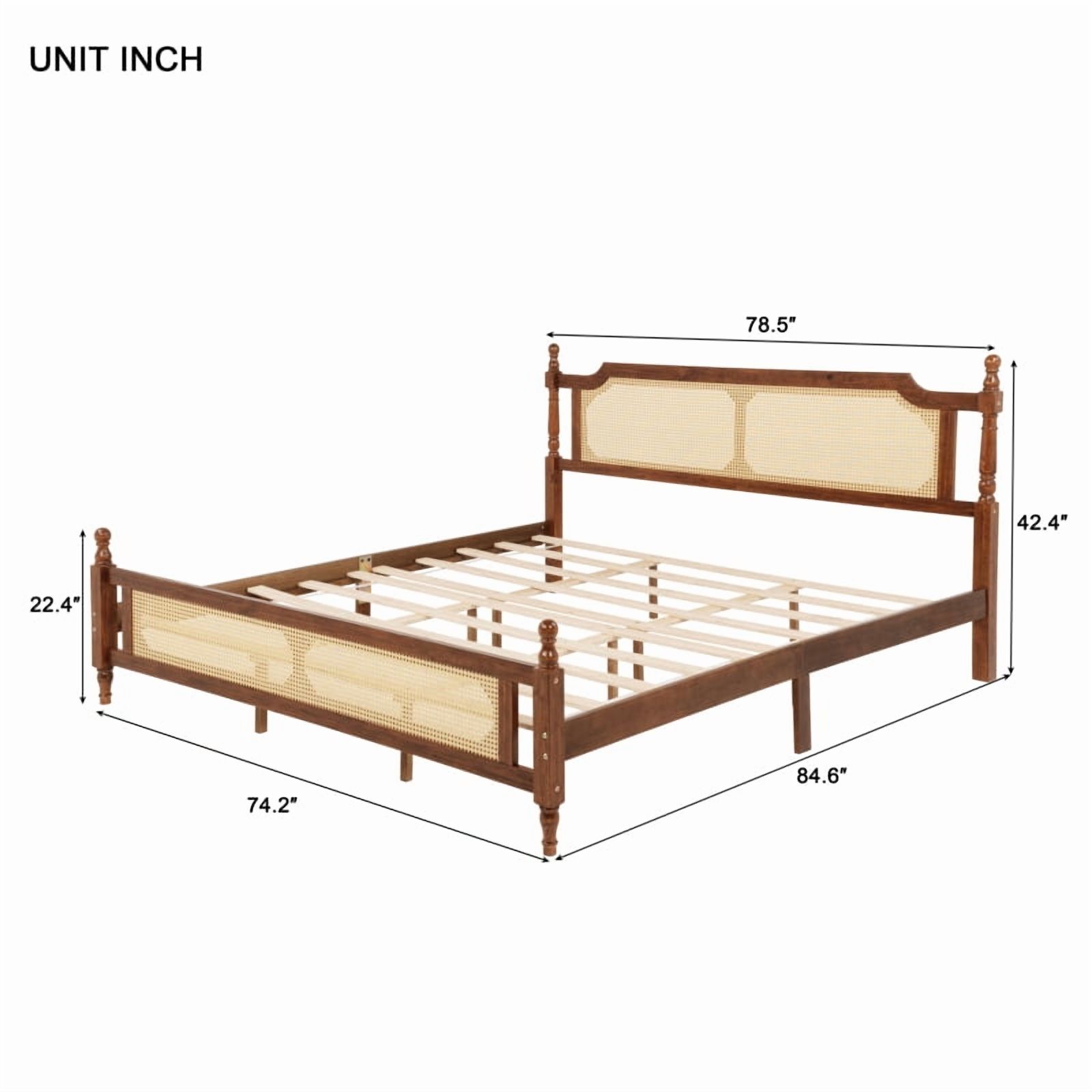 Luckynote King Size Solid Wood Bed Frame, Rustic Design with Rattan Headboard and Footboard, Walnut