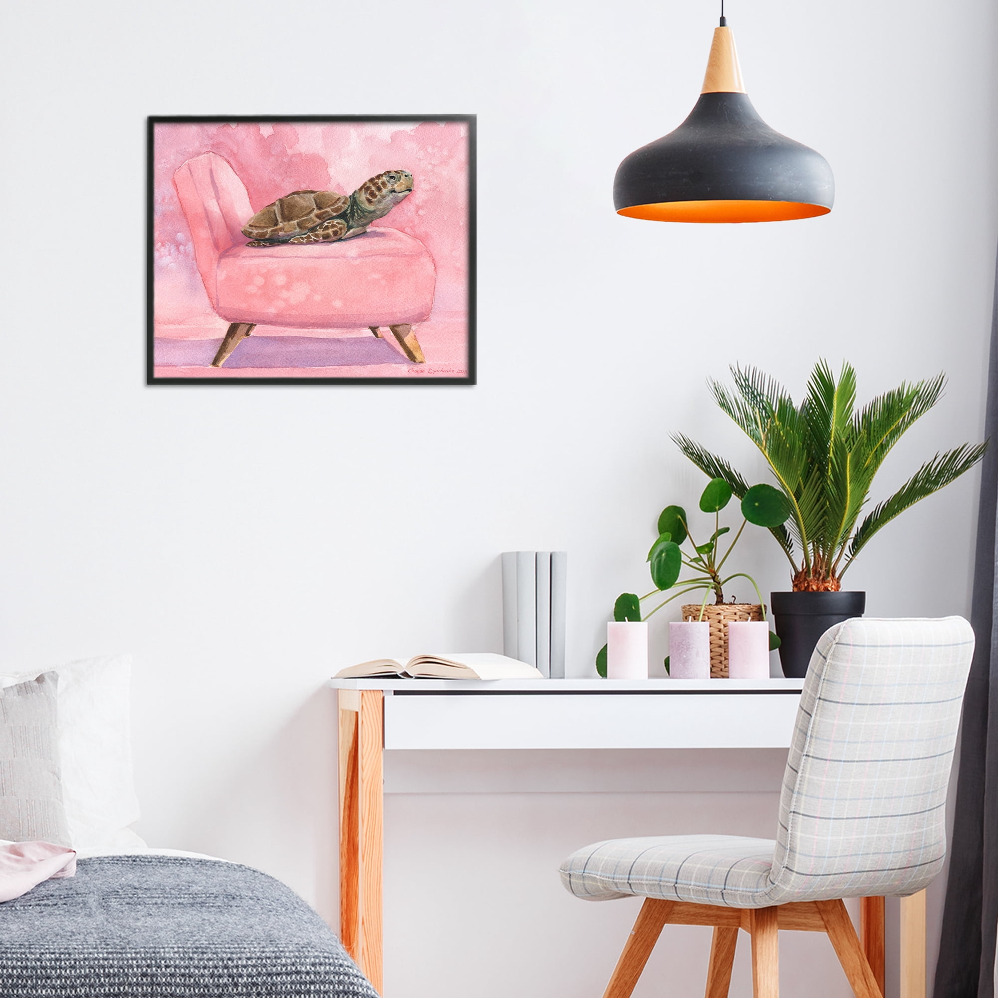 Stupell Industries Happy Turtle on Pink Chair Black Framed Giclee Art, design by George Dyachenko