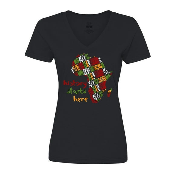 Inktastic Black History Month History Starts Here African Fabric Print Women's V-Neck T-Shirt